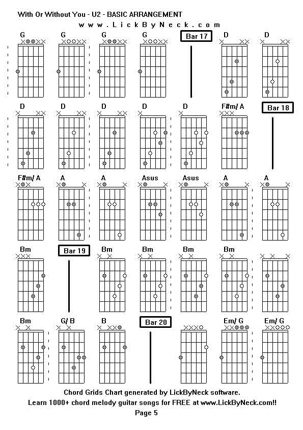 Chord Grids Chart of chord melody fingerstyle guitar song-With Or Without You - U2 - BASIC ARRANGEMENT,generated by LickByNeck software.